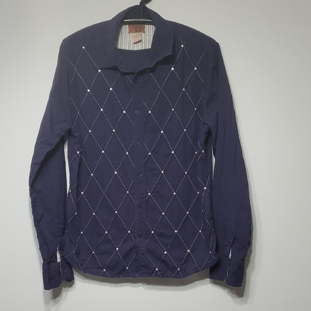ED Navy Diamond-Pattern Casual Button-Down Shirt